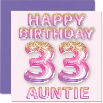 Abbildung von Stuff4 Geburtstagskarte zum 33. Geburtstag für Tante rosa &amp; lila Glitzerballons Happy Birthday Karten 33 Jahre alte von Neffe Nichte, 145 mm x