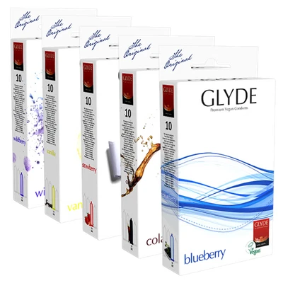 Abbildung von Glyde Kondome Aroma Sortiment 5 Sorten vegane mit für tierleidsfreien Genuss allen Sinnen, Packung mit, 50 St., bunte Abwechslung, ohne Casein, Zertifiziert der Veganblume, Gefühlsecht &amp; Reißfest