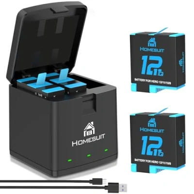 Abbildung von Homesuit Hero 12/11/10/9 Akku (2x1800mAh) und 3 Kanal LED USB ladegerät für Gopro 12/11/10/9, Black (Vollkompatibel mit Original)
