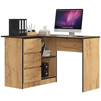 Abbildung von AKORD Eck Schreibtisch B 16 mit 3 Schubladen und 2 Ablagen ecktisch für Home Office Einfache Montage B124 x H77 T85, 48 kg Kraft Eiche