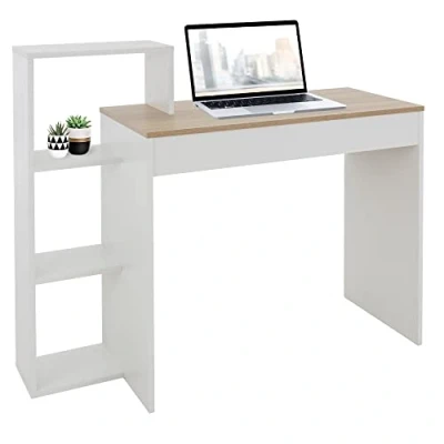 Abbildung von ML Design Schreibtisch mit Regal, Arbeitstisch Bürotisch Computertisch PC Tisch, Weiß Tischplatte in Sonoma Eiche, 3 Einlegeböden, 110x72x40 cm, Holz, 2 1 System, für Zuhause/Arbeitszimmer