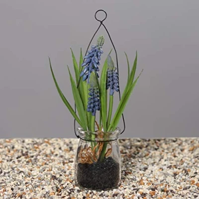 Abbildung von mucplants Künstliche Muscari im Glastopf ca. 17cm zum Stehen oder Hängen Kunstblume Frühlingsblume