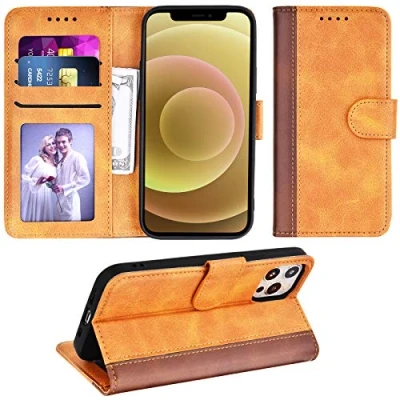 Abbildung von Adicase Handyhülle für iPhone 12, Premium Leder Hülle Flip Case Cover Schutzhülle 12 / Pro Tasche (Braun Streifen)