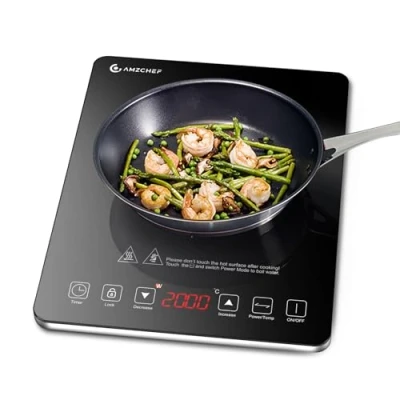 Abbildung von Induktionskochfeld 1 Platte, AMZCHEF Kochplatte Induktion mit ultradünnem Design, 20 Temperaturstufen und Leistungseinstellung, 2000W Induktionskochplatte 3 Stunden Timer, Sicherheitsschloss