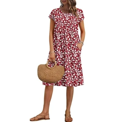 Abbildung von AUSELILY Damen Kurzarm Knielange Sommerkleider Sommer Lockeres Freizeitkleider Empire Kleider mit Taschen Kleine Rote Blumen L