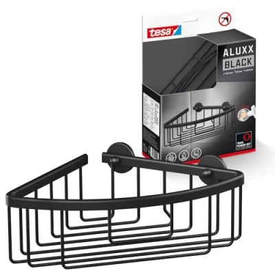 Abbildung von tesa Duschablage ALUXX BLACK Eck Duschablage, einstöckig, Set 1 tlg., mit Klebelösung zur Wandmontage ohne Bohren