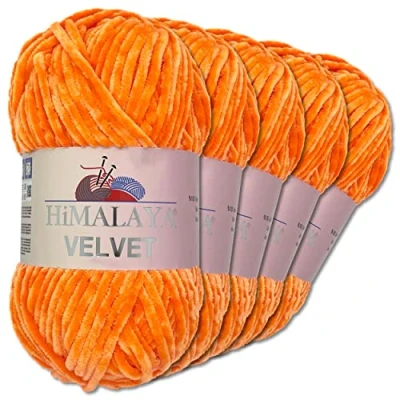 Abbildung von Wohnkult Himalaya 5 x 100 g Velvet Dolphin Wolle 40 Farben zur Auswahl Chenille Strickgarn Glanz Flauschgarn Accessoire Kleidung (90016 Kürbis)