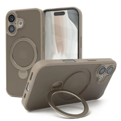 Abbildung von EAZY CASE Qi Charging Handyhülle für iPhone 16 Hülle mit Ständer Matte Schutzhülle Ultra Aufprallschutz Stoßfest und Kratzfest 360 Ring zum Aufstellen Cover Braun