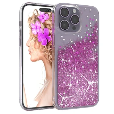 Abbildung von EAZY CASE Hülle kompatibel mit iPhone 14 Pro Max Schutzhülle Flüssig Glitzer, Handyhülle, Schutzhülle, Back Cover Glitter Flüssigkeit, TPU/Silikon, Transparent/Durchsichtig, Lila