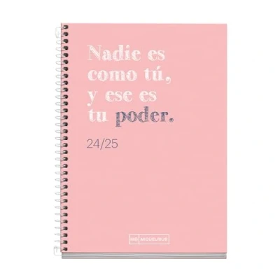 Abbildung von Miquelrius Schülerkalender 2024 2025, September bis Juni Größe: 117 x 174 mm, Wochenansicht, Einband aus Karton, Spiralbindung Metall, Weiß, Katalanisch und Englisch, Rosa