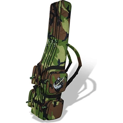 Abbildung von Rutentasche Rod Case Angelkoffer Futteral mit 2, 3 oder 4 Ruten Fächern, Verschiedene Längen wählbar stark wasserabweisender Fishing Rucksack Farbe Wood Land Innenfächer Größe 190 cm