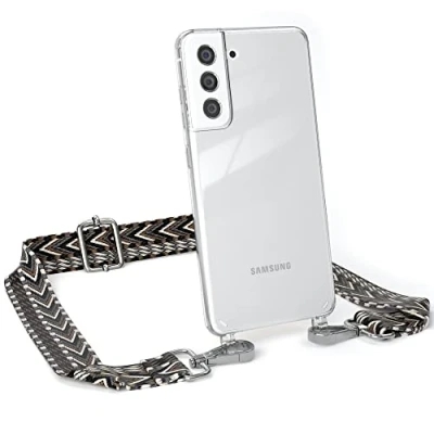 Abbildung von EAZY CASE Handykette Verstellbarer Gurt kompatibel mit Samsung Galaxy S21 FE 5G, Schulterriemen, Flache Kordel, Handykordel Hülle, Hülle Kette, Anthrazit/Schwarz Metall Silber
