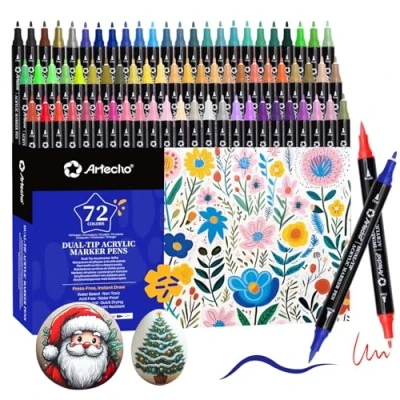 Abbildung von Artecho Acrylstifte 72 Farben, 0.5 5mm Wasserfester Dual Tip Marker (Pinsel und feine Spitze), mit doppelten Enden für Rock Painting, Glas, Papier, Holz, Ei, Leinwand, Keramik, Stoff, DIY Crafts