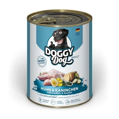 Abbildung von DOGGY Dog Paté Huhn &amp; Kaninchen, 6 x 800 g, Nassfutter für Hunde, getreidefreies Hundefutter mit Lachsöl und Grünlippmuschel, Alleinfuttermittel Süßkartoffel Zucchini, Made in Germany