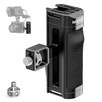 Abbildung von NEEWER Mini Seitengriff, Kamerakäfig Side Handle, leichter ABS+PC Kamera Handgriff mit rutschfestem, konturiertem Silikon, 3/8&quot; 1/4&quot; Schrauben, Anti Twist Fixierstift, vertikaler Arm Cold Shoe, CA069H