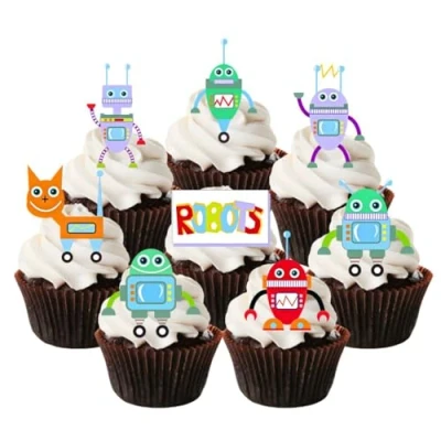 Abbildung von Essbare Cupcake Topper mit Roboter Motiv, stehende Oblaten, Kuchendekorationen (12 Stück)