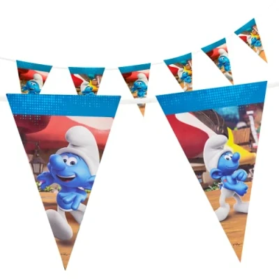 Abbildung von Party Factory `Schlümpfe&#039; Wimpelkette Papier mit 10 Wimpeln, Länge ca. 5 Meter, Girlande, Geburtstagsdeko, Mottoparty