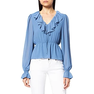 Abbildung von NA KD Damen Frill V Neck Chiffon Blouse Bluse, blau, 36 EU