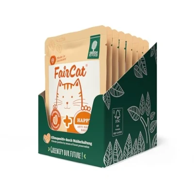 Abbildung von Green Petfood FairCat Happy (8 x 85 g) Getreidefreies Katzenfutter, Katzennassfutter mit Tierwohl Hühnchen, anti Haarballen, Katzenfutter Nass angenehmen Duft, 8er Pack