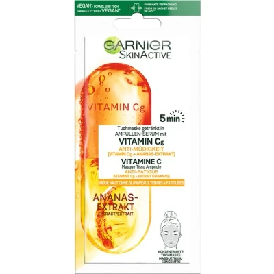 Abbildung von Garnier Tuchmaske, Gesichtsmaske für müde Haut ohne Glow, Anti Müdigkeit, Getränkt in Ampullen Serum, Vegane Formel mit Vitamin C und Ananas Extrakt, 15 g