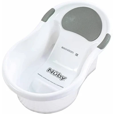 Abbildung von Nuby Baby Badewanne mit integriertem Sitz und weicher Kopfstütze, Weiß/Grau