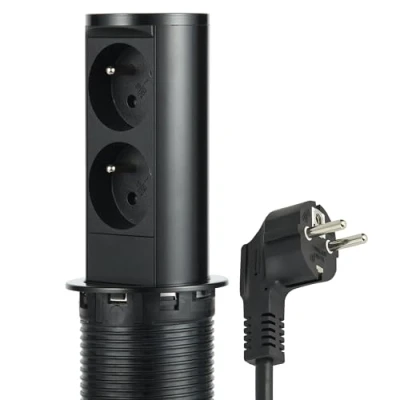 Abbildung von Electraline 35464 Steckdosenleiste, versenkbar, Pop Up, 2 französische Steckdosen, Standarddurchmesser 60 mm, Einbaudose für Küche, Büro, Gehäuse aus Edelstahl, Schwarz