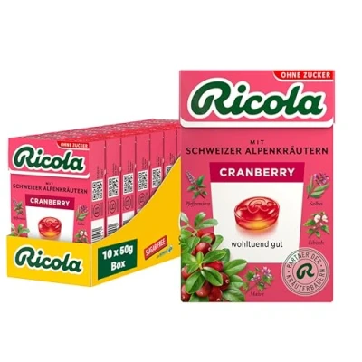 Abbildung von Ricola Cranberry, 10 Böxli original Schweizer Kräuter Bonbons mit 13 Alpenkräutern &amp; erfrischend fruchtiger zuckerfrei, x 50g, vegan