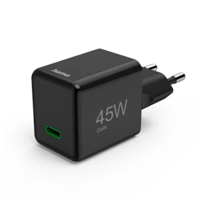 Abbildung von Hama Schnellladegerät (Ladegerät mit USB C unterstützt Power Delivery und Qualcomm Quick Charge, 45 W, Super Mini Format 3,0 x 3,60 3,80 cm, GaN Charger, ideal für iPhone) schwarz