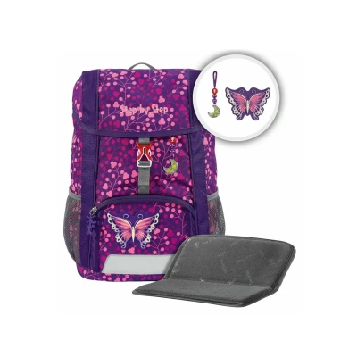 Abbildung von Step by Rucksack Set Kid Shine „Butterfly Night Ina“, mit Sitzkissen, ergonomischer Mini Ranzen höhenverstellbarem Brustgurt, für Kindergarten, Vorschule und Freizeit, 13 l, lila pink