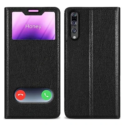 Abbildung von Cadorabo Hülle kompatibel mit Huawei P20 PRO / Plus in KOMETEN SCHWARZ Schutzhülle Magnetverschluss, Standfunktion und 2 Sichtfenstern