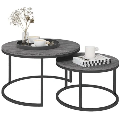 Abbildung von HOMCOM Couchtisch rund 2er Set Stapelbarer Beistelltisch mit Metallrahmen, Wohnzimmertisch Holzoptik Kaffeetisch für Wohnzimmer Schlafzimmer Dunkelgrau
