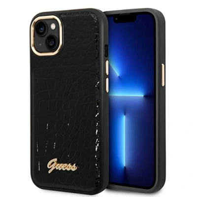 Abbildung von CG MOBILE Guess Handyhülle für iPhone 14 Plus in Schwarz Krokodilmuster PU Leder Schutzhülle &amp; Anti Scratch Case mit Zugänglichen Anschlüssen, Stoßdämpfung Signatur Logo
