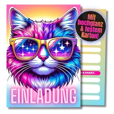 Abbildung von HIDEBLOOM I Einladungskarten Kindergeburtstag Mädchen 12 Stück DIN A6 (10,5 cm x 14,8 cm) Lässige Katze Einladung Geburtstag Kinderparty Teenager Postkarten Kinder