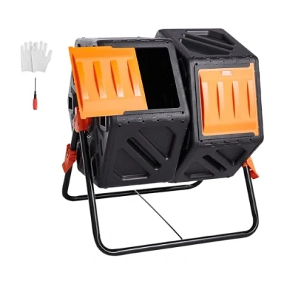 Abbildung von VEVOR Tumbling Komposterbin Komposter Tumbler 140 L, Trommelkomposter Drehbar Doppelraum 785 x 605 795 mm, 40 kg Belastbarer Garten Kompostbehälter inkl. Handschuhe