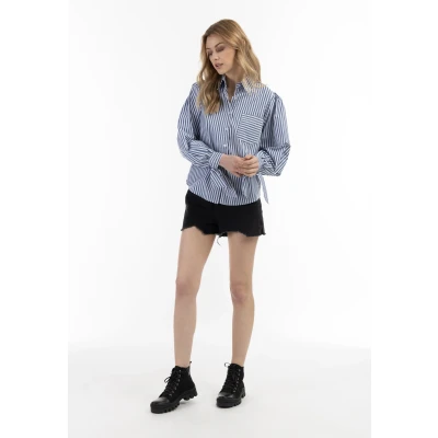 Abbildung von Dreimaster Langarm Hemdbluse, Damen, Größe: 34, Weiss/hellblau