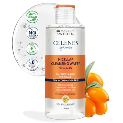 Abbildung von Celenes by Sweden Fortschrittliches Micellair Reinigungswasser mit Sanddorn Vitamin C angereichert, alkohol und parabenfrei für ölige Mischhaut Tiefenreinigung Erfrischung, 250ml