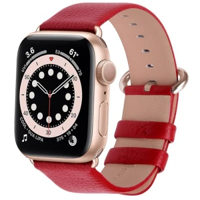 Abbildung von Fullmosa kompatibel mit Apple Watch Armband 41mm Series 9 8 7,Series SE 6/5/4 40mm,Series 3/2/1 38mm, Leder Ersatzarmband für iwatch Band, Rot + Roségoldene Schnalle