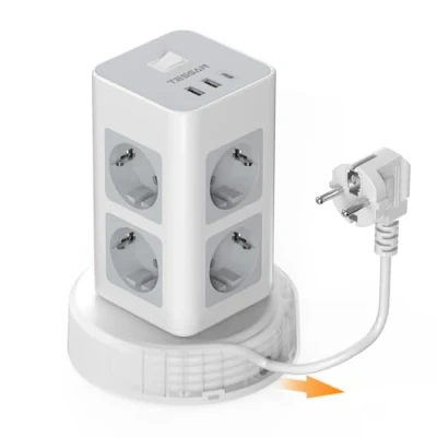 Abbildung von TESSAN Mehrfachsteckdose mit USB C, 8 Fach Steckdosenleiste Einziehbares Verlängerungskabel, Mehrfachstecker Steckerleiste 2M Extension Cord, Steckdosenturm Verteilersteckdose für Zuhause