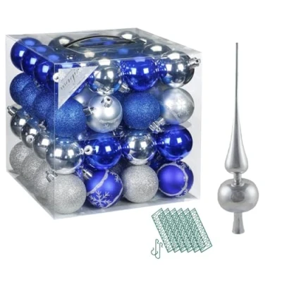 Abbildung von JACK Christbaumschmuck 64x Kunststoff Christbaumkugeln Ø6cm + Spitze 28cm inkl Aufhänger, Kugeln: Blau Silber, Spitze: Silber