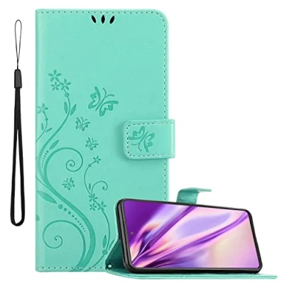 Abbildung von Cadorabo Hülle kompatibel mit Samsung Galaxy A53 5G Blumen Design aus Kunst Leder Flip Klappbare Stoßfeste Magnetische [Standfunktion] [Kartenfächern] Cover für Tasche in Türkis