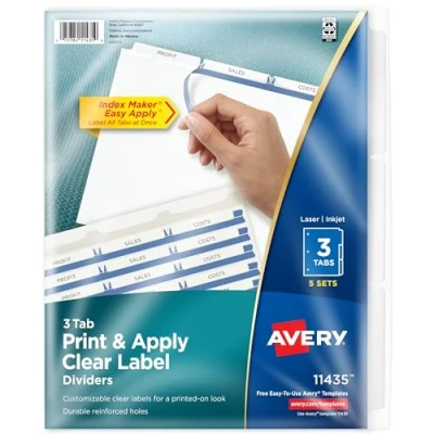 Abbildung von AVERY 3 Registerkarten für Ordner, einfaches Drucken und Auftragen, transparenter Etikettenstreifen, Register, weiße Tabs, 5 Sets (11435)