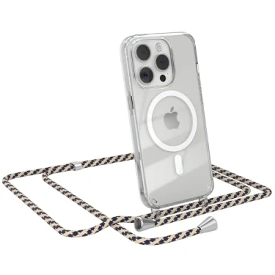 Abbildung von EAZY CASE Handykette kompatibel mit iPhone 15 Pro Kette zum Umhängen Stoßfest Handyhülle für Silikon Hülle Band Handytasche Transparent als Fallschutz in Taupe Camouflage