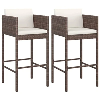 Abbildung von vidaXL 2X Barhocker mit Kissen Küchenhocker Garten Barstuhl Tresenhocker Thekenhocker Tresenstuhl Bistrohocker Gartenmöbel Braun Poly Rattan