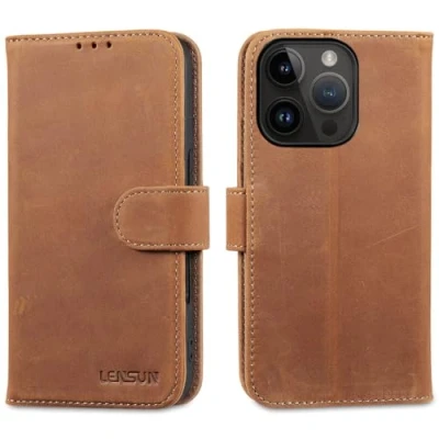 Abbildung von LENSUN Echtleder Hülle für iPhone 16 Pro, Handyhülle [Echtes Leder][Standfunktion][RFID Schutz] Handytasche Lederhülle Kompatibel mit Pro 5G Vintage Braun