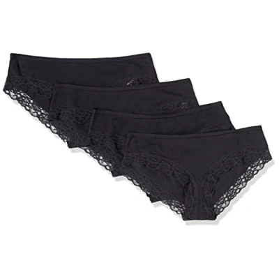 Abbildung von Amazon Essentials Damen Hipster Unterwäsche Baumwolle und Spitze, 4er Pack, Schwarz, 36