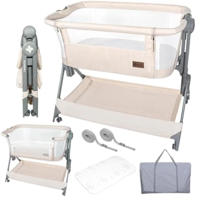 Abbildung von Twinly Beistellbett 2 in 1, Babybett Faltbar und Höhenverstellbar COMFORTLY, 0 6 Monate, 5 Höhenstufen, Atmungsaktive Matratze, Netzseiten, 4 Rollen, Tragetasche, Einfach zu Transportieren (Beige)