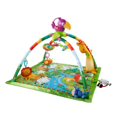Abbildung von Fisher Price Rainforest Erlebnisdecke, Krabbeldecke für Baby mit Spielbogen, Dschungel Spieldecke Musik und Licht, Babyspielzeug, Neugeborene, ab Geburt, GXC35