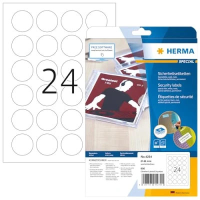 Abbildung von HERMA 4234 Sicherheitsetiketten gegen Manipulation rund, 25 Blatt, Ø 40 mm, 24 pro A4 Bogen, 600 Stück, selbstklebend, bedruckbar, matt, blanko Klebeetiketten Aufkleber aus Spezialfolie, weiß