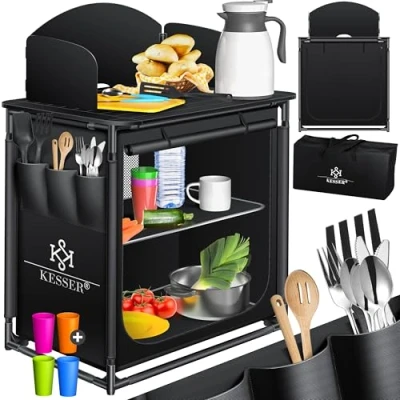 Abbildung von KESSER® Campingküche Inkl. Tragetasche &amp; Becherset Campingschrank Faltschrank mit Aluminiumgestell Reiseküche Küchenbox Zeltschrank Outdoor Camping Küche Schwarz/Schwarz Typ F2