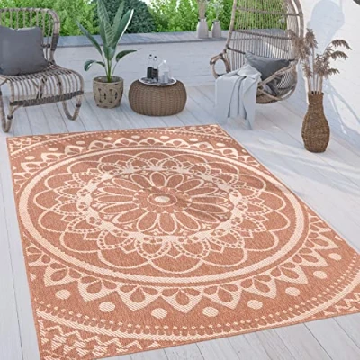 Abbildung von Paco Home Outdoor Teppich wetterfest &amp; robust modernes Mandala Boho Design pflegeleicht flachgewebt für Balkon, Terrasse, Garten, Wohnzimmer Küche Ethno Mandala, Grösse:60x100 cm, Farbe:Apricot